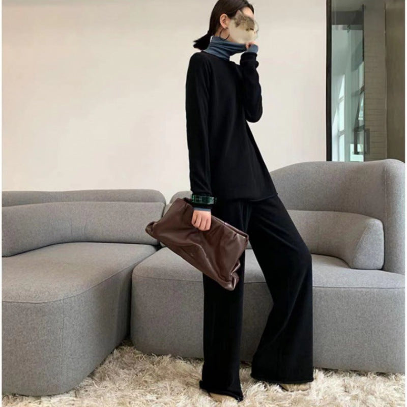 Ensemble deux pièces en maille de laine avec pull et pantalon large Noir, Marron, Beige