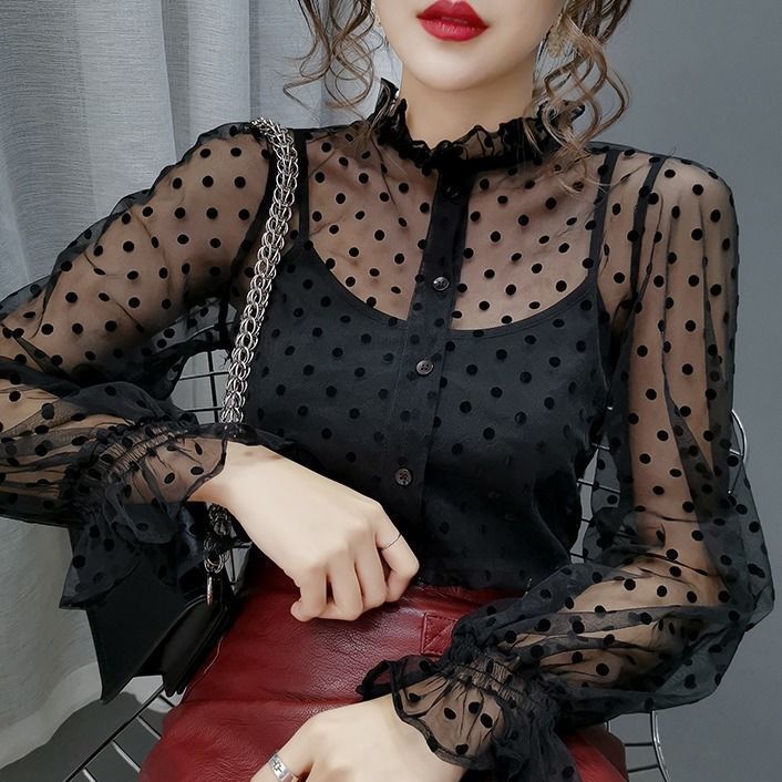 Women's Milk Tea Polka Dot Mesh Long Sleeve Shirt