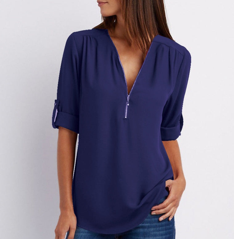 Chemisier ample zippé à col en V et manches courtes pour femme, disponible en plusieurs coloris