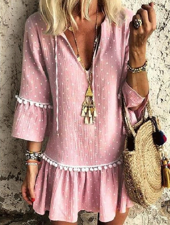 Polka Dot V-Neck Mid-Length Autumn Dress in Pink & Apricot