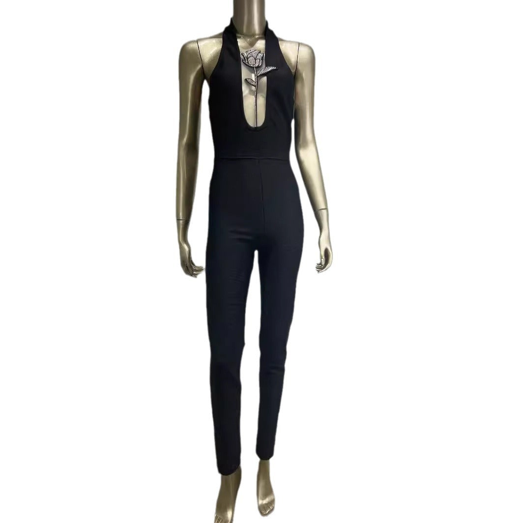 Halter Deep V Black Lace-Up Diamond Rose Tight Jumpsuit Party Dress