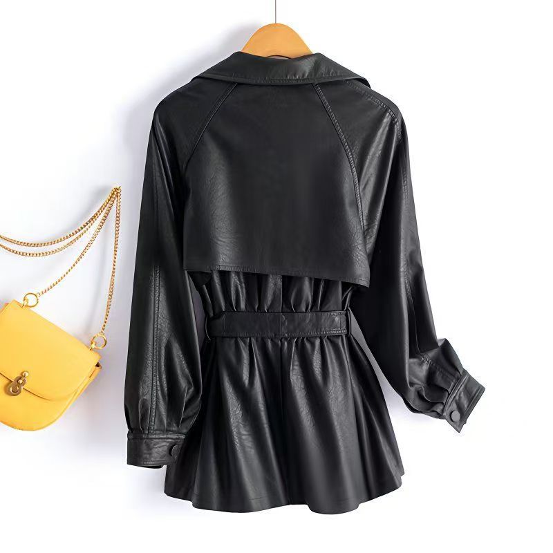 Women's Large Size Loose Fit PU Leather Windbreaker Jacket Waist-Flattering