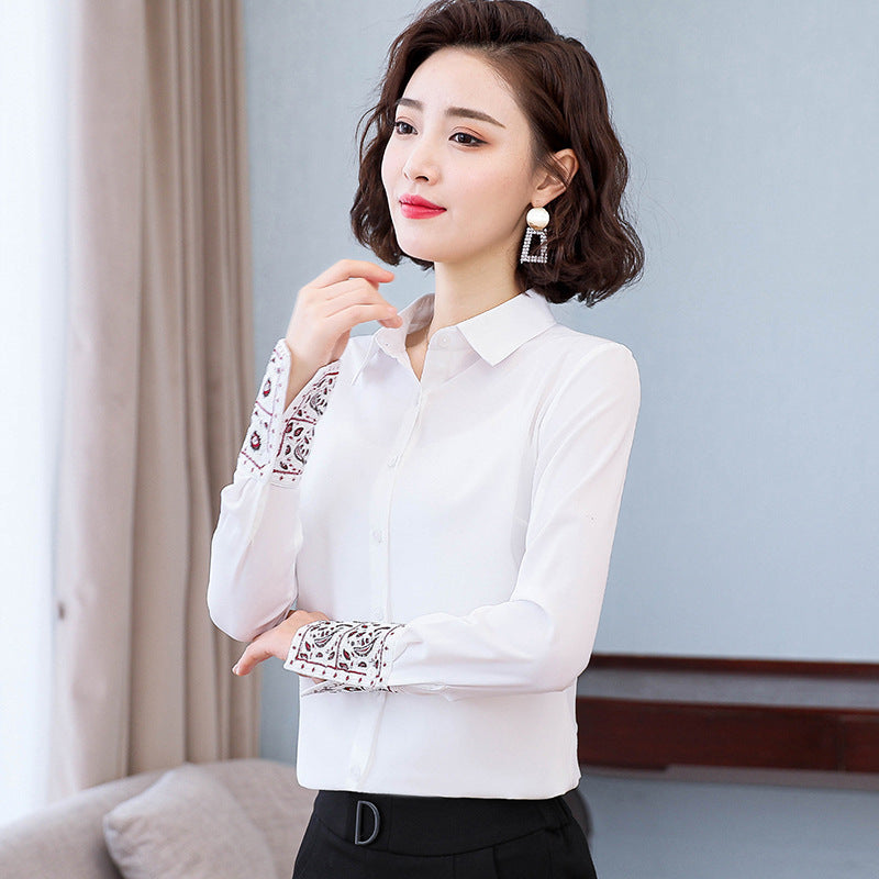 Chemisier en mousseline brodé blanc à manches longues pour femme style chinois