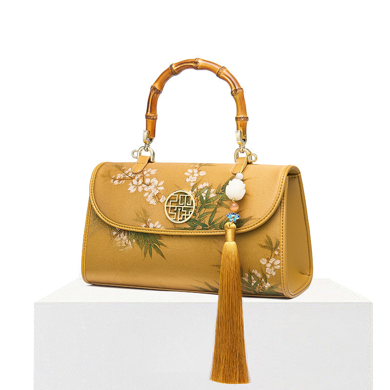 Silk Women's Cheongsam Bamboo Crossbody Handbag Small Bag Golden Yellow