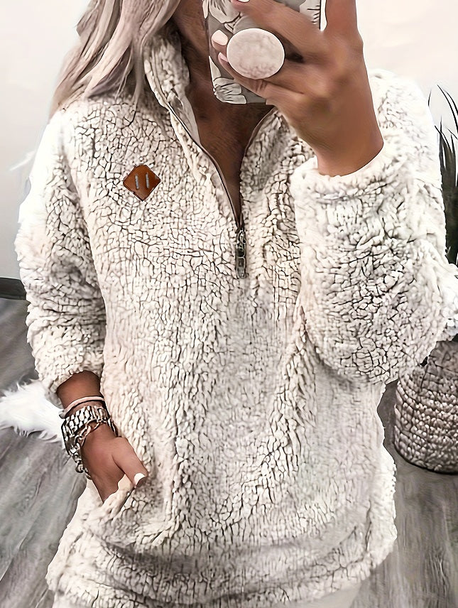Haut pull en polaire à col montant et demi-fermeture éclair de couleur unie pour femme