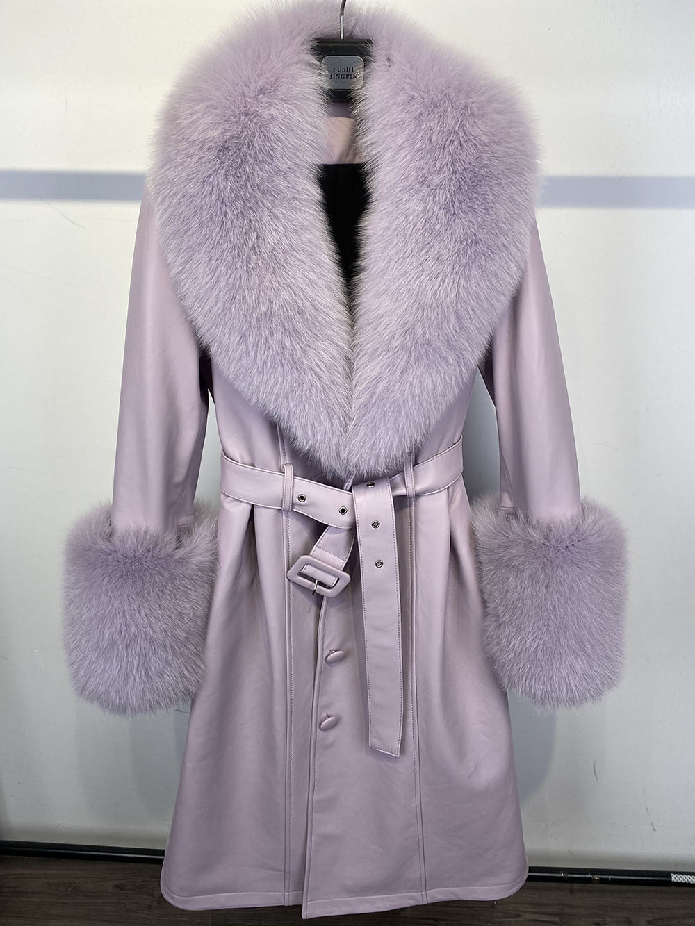 Slim-Fit Genuine Leather Sheepskin Coat with Fox Fur Collar