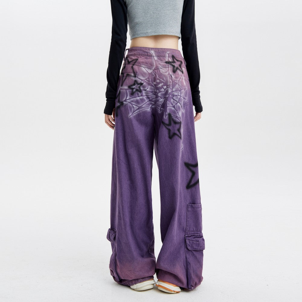 Pantalon large droit en jean enduit violet
