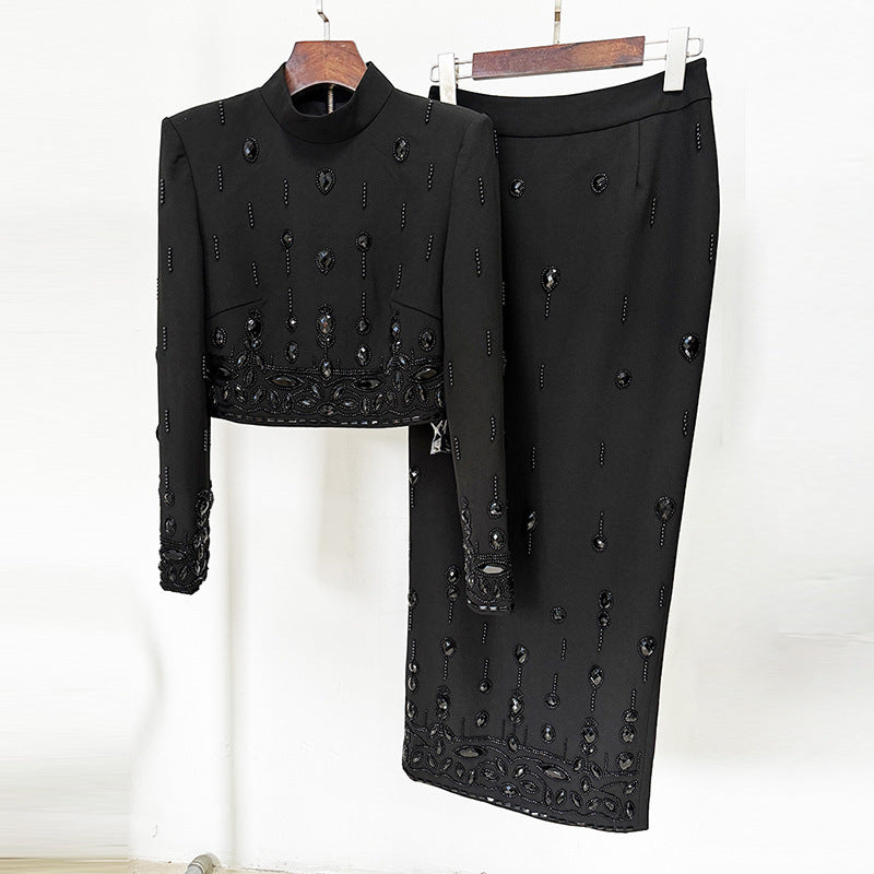 Heavy Industry Beads Diamond Inlaid Short Top Long Skirt Suit