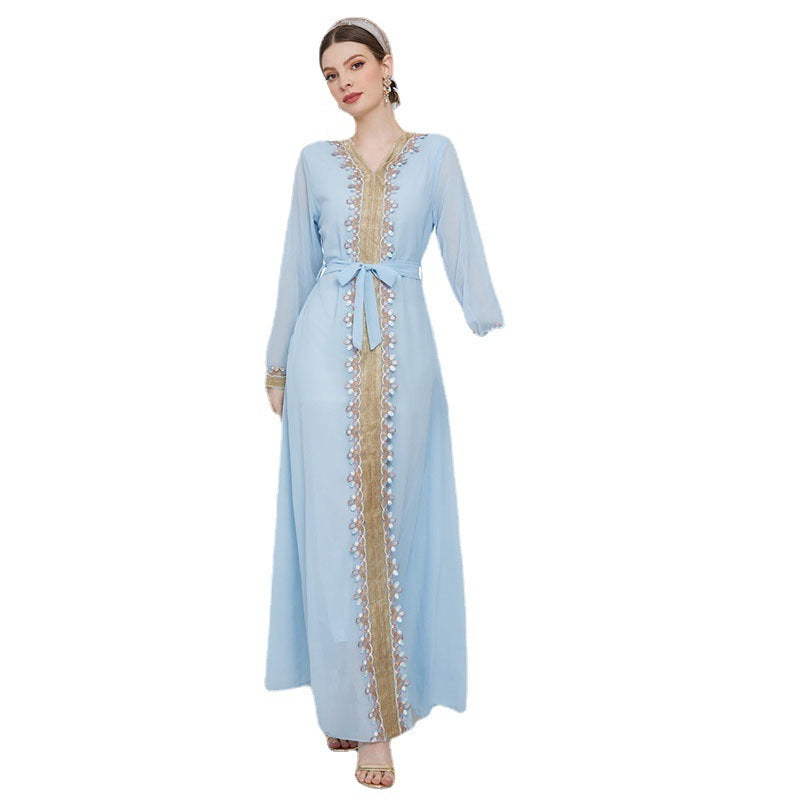 Solid Color Lace Patchwork Receive Waist Chiffon Blue Dress For Women