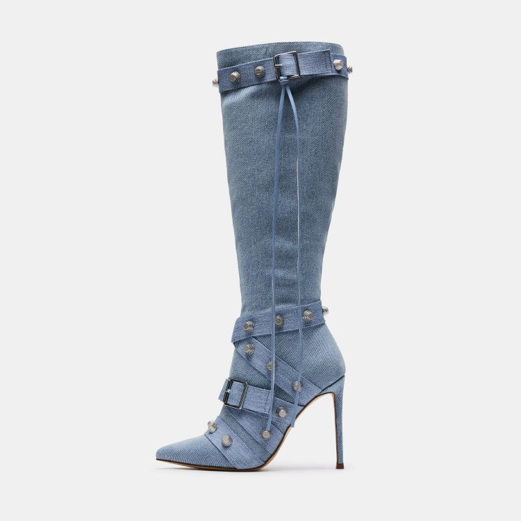 Metal Leather Pointed Stiletto Heel High Leg Boot with Rivets