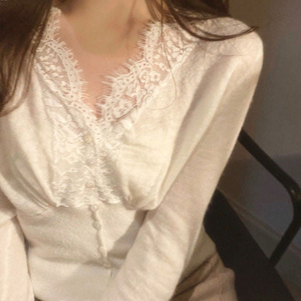 Plush Lace Stitching Slim White Long-Sleeve Autumn Top