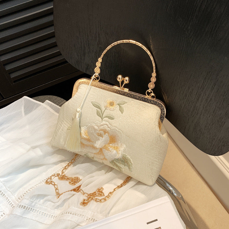 Embroidered Silk Crossbody Bag for Women – White & Blue, 23x15x8cm