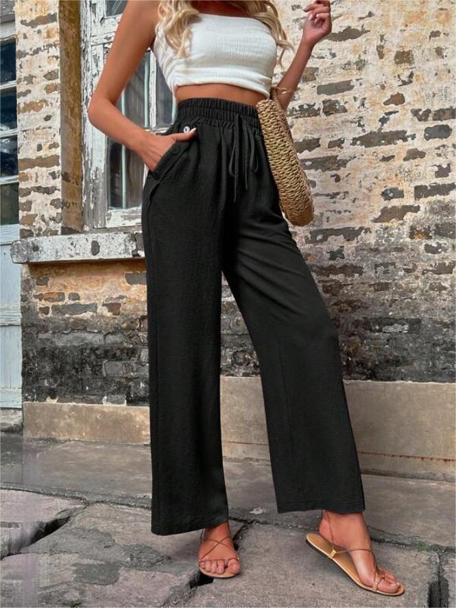 High Waist Casual Women's Pants with Elastic Drawstring & Pockets