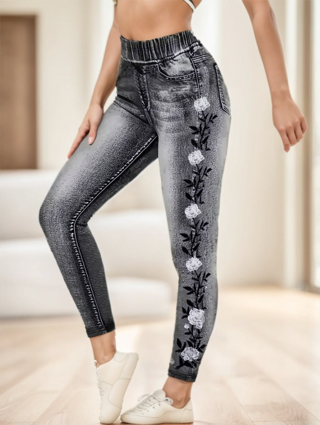 Women's Elegant Patchwork Printed Jeans Full-Length Polyester