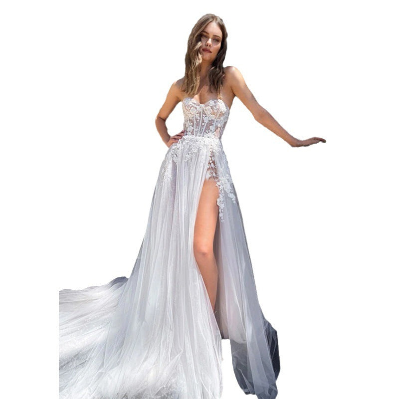 Robe de mariée bustier transparente blanc ivoire pour femme avec fente haute et dentelle