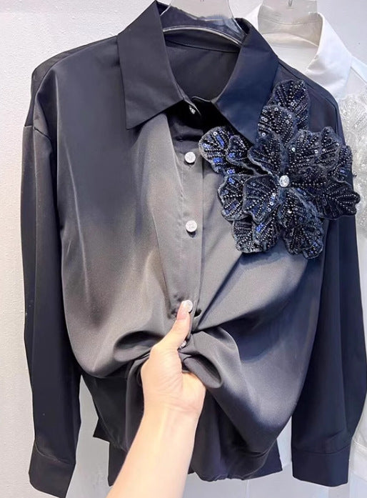 Chemisier à manches longues 3D Fleur Femme Blanc et Noir, Tailles S-L