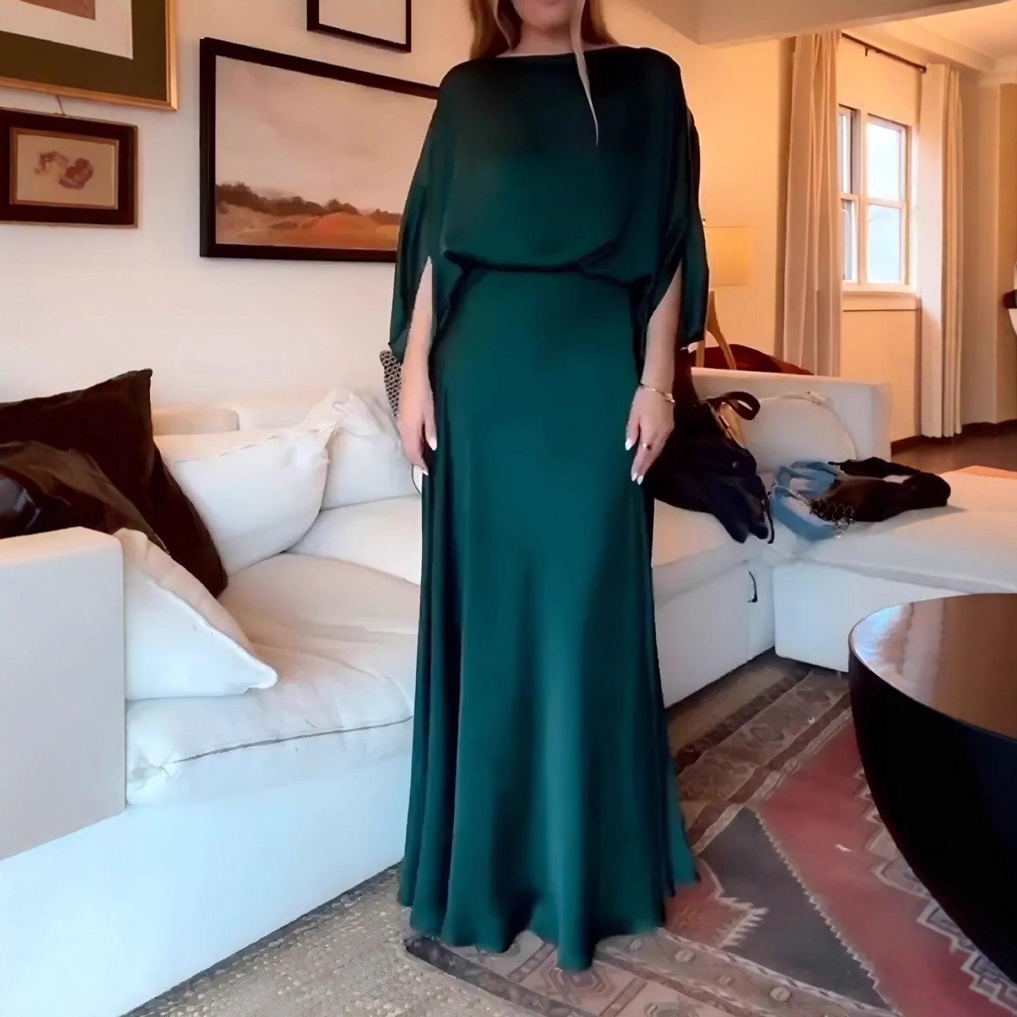 Sleek Solid-Color Satin Long Dress with Bishop Sleeves for Arabian Nights