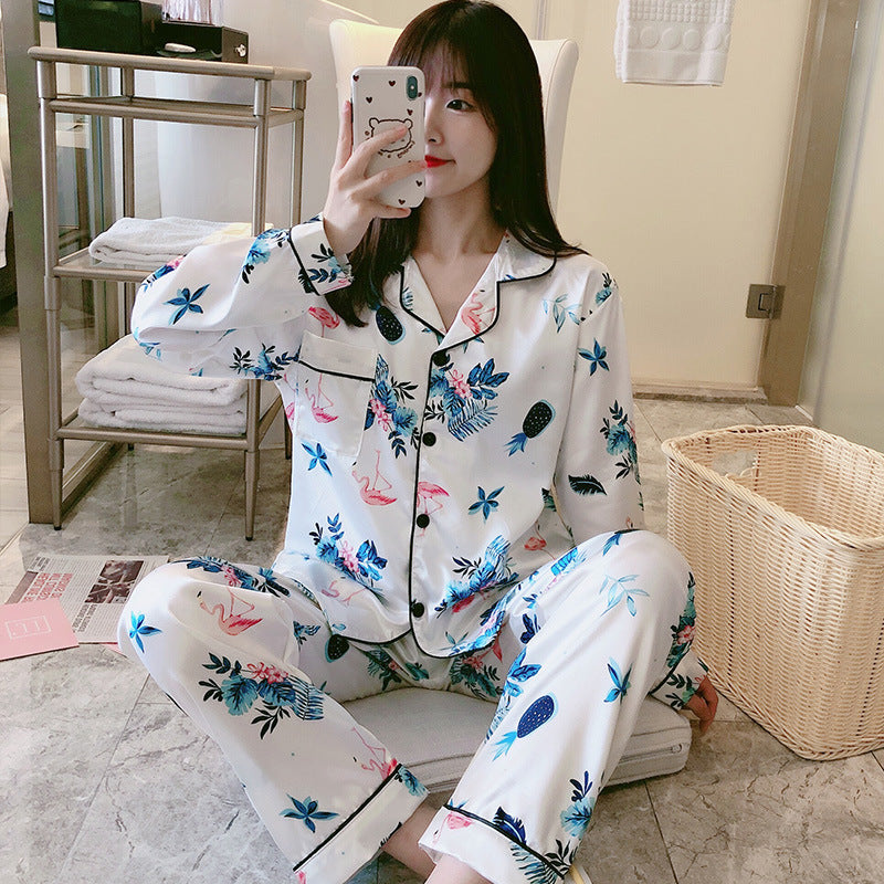 Women’s Sweet Luxury 5050 Artificial Silk Lapel Long Sleeve Pajama Set with Trousers