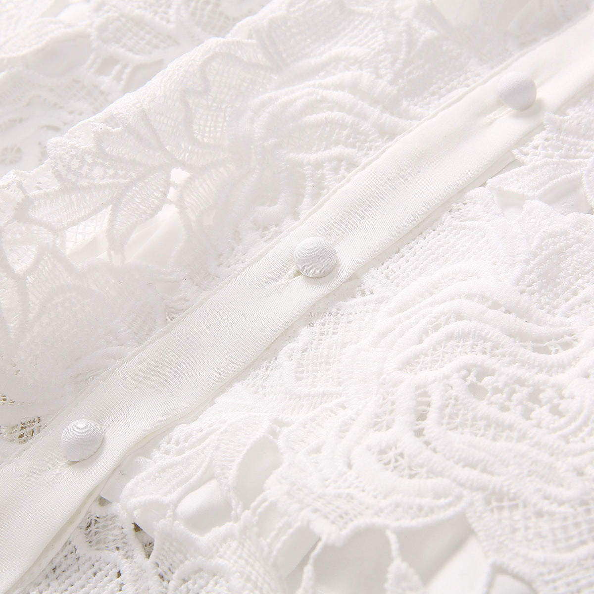 White Stand Collar Single-Breasted Flared Long Sleeve Dress