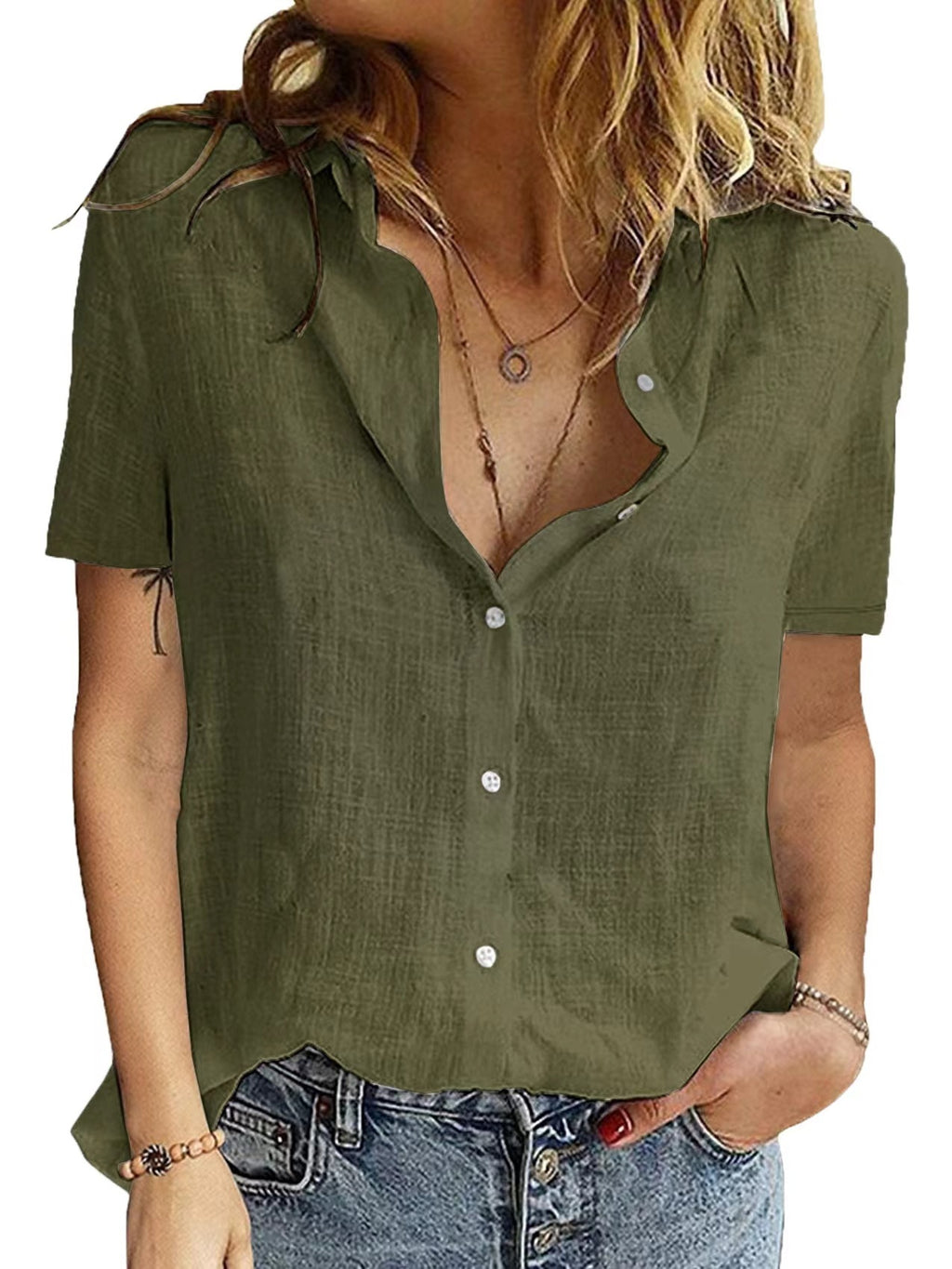 Women's Slim Fit Short Sleeve Slub Cotton Shirt