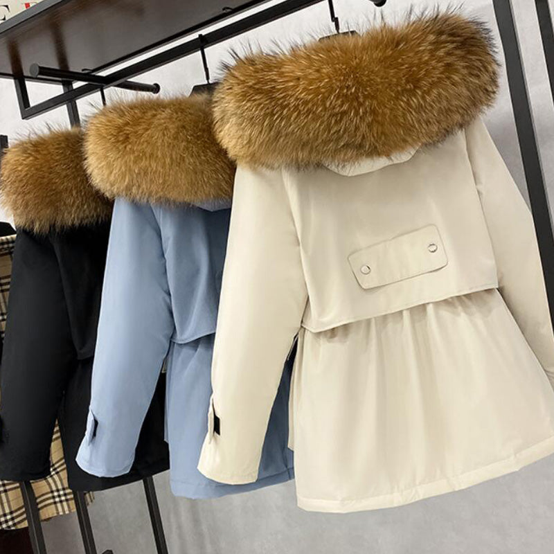 Manteau long d'hiver en duvet pour femme avec capuche en fourrure naturelle de raton laveur et de renard