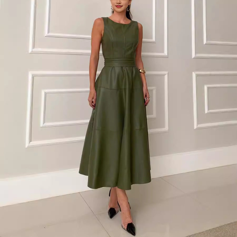 Salopette-jupe sans manches en similicuir vert olive avec fermeture éclair pour femme