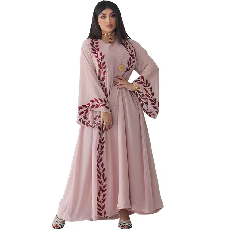 Elegant Pink Embroidered V-Neck Muslim Women's Dress with Headband
