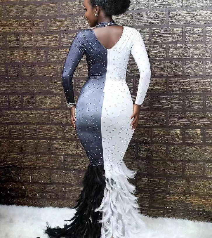 Robe Noire et Blanche en Plumes Entièrement Ornée de Diamants à Manches Longues