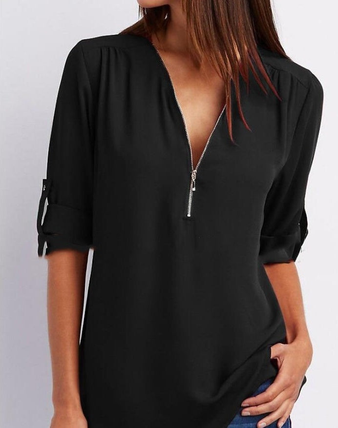 Chemisier ample zippé à col en V et manches courtes pour femme, disponible en plusieurs coloris