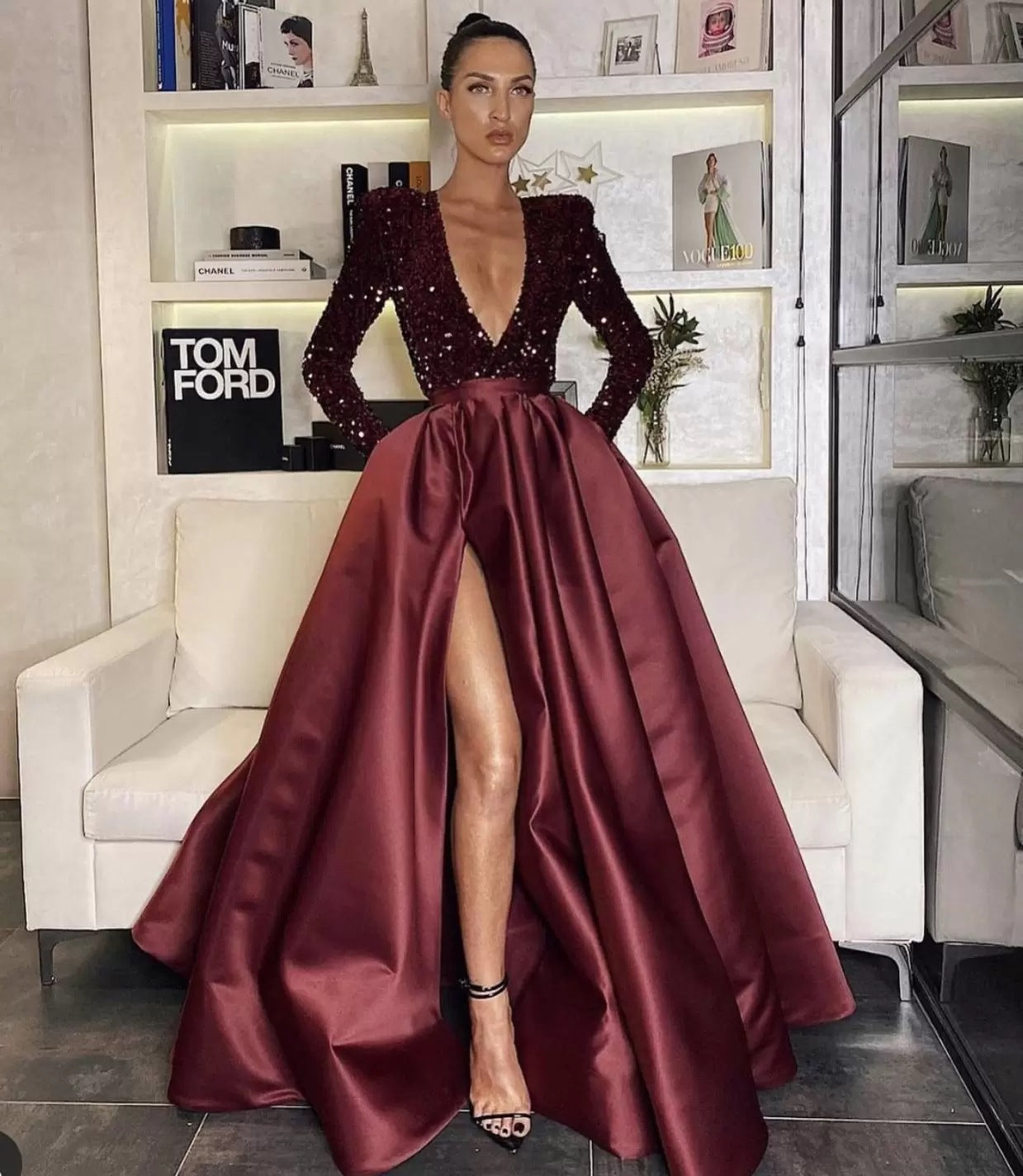 Robe de soirée longue à manches longues et col en V à paillettes pour femme, disponible en plusieurs couleurs