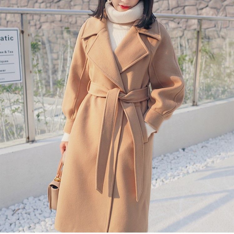 Women’s Autumn Winter Thickened Woolen Coat with Cinched Waist