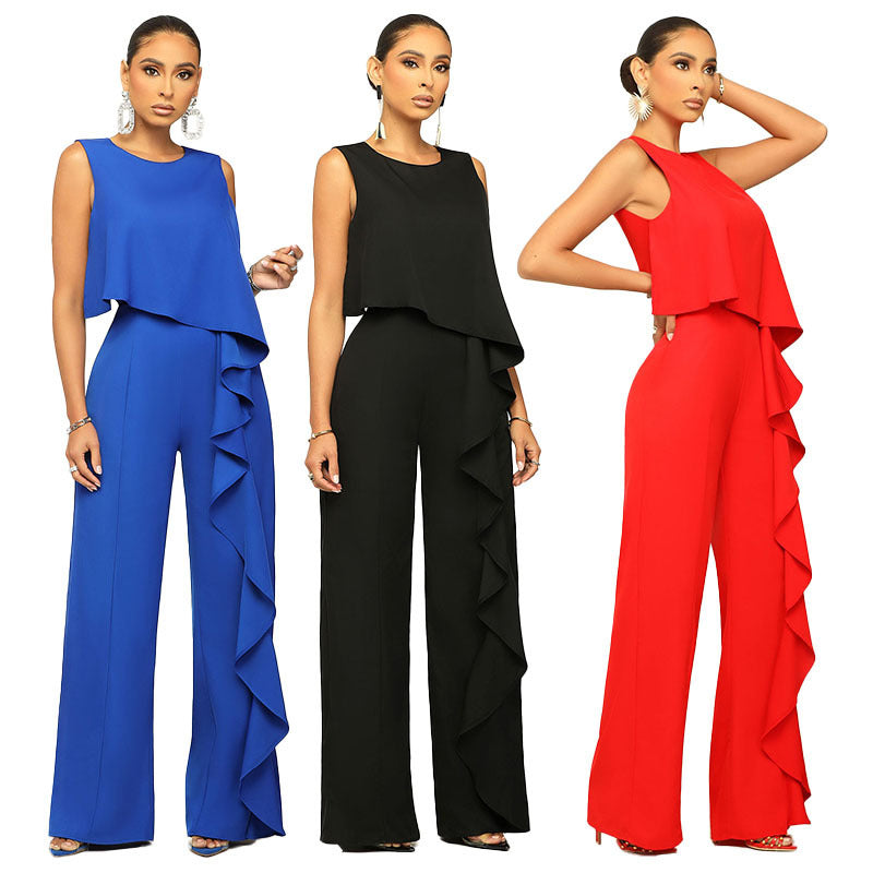 Fashion Women's Solid Color Sleeveless Jumpsuit with Trousers