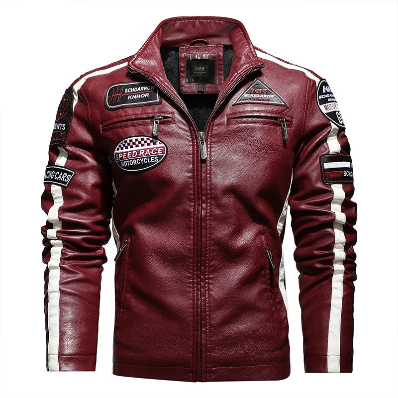 Men's Slim-Fit Short Embroidered PU Leather Jacket with Stand-Up Collar