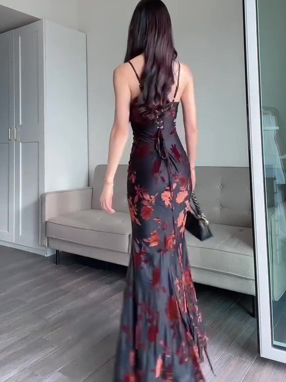 Flocked Slim Fit Strappy Maxi Dress