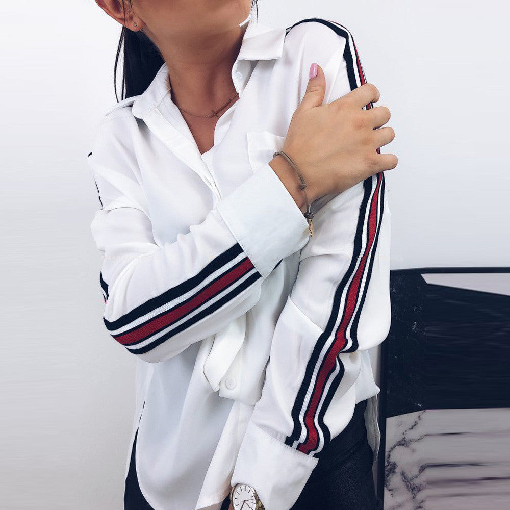 Women’s Casual White Stripe Long Sleeve Button Blouse