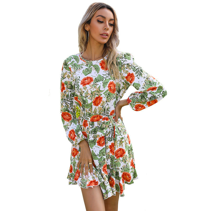 Autumn Printed Pink Long Sleeve High Waist Dress