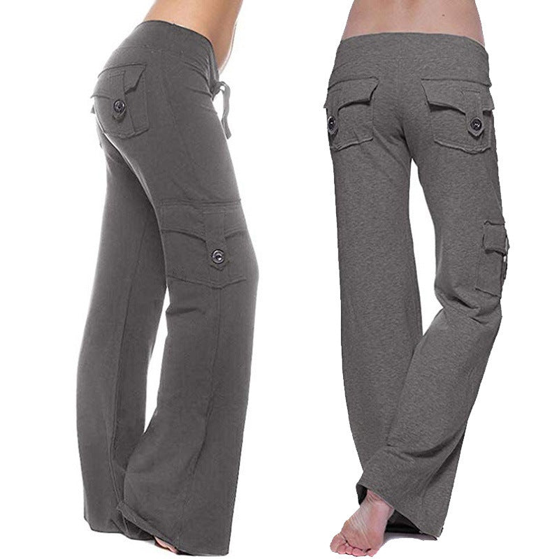 Women's High Waist Flared Cotton Pants with Multiple Pockets