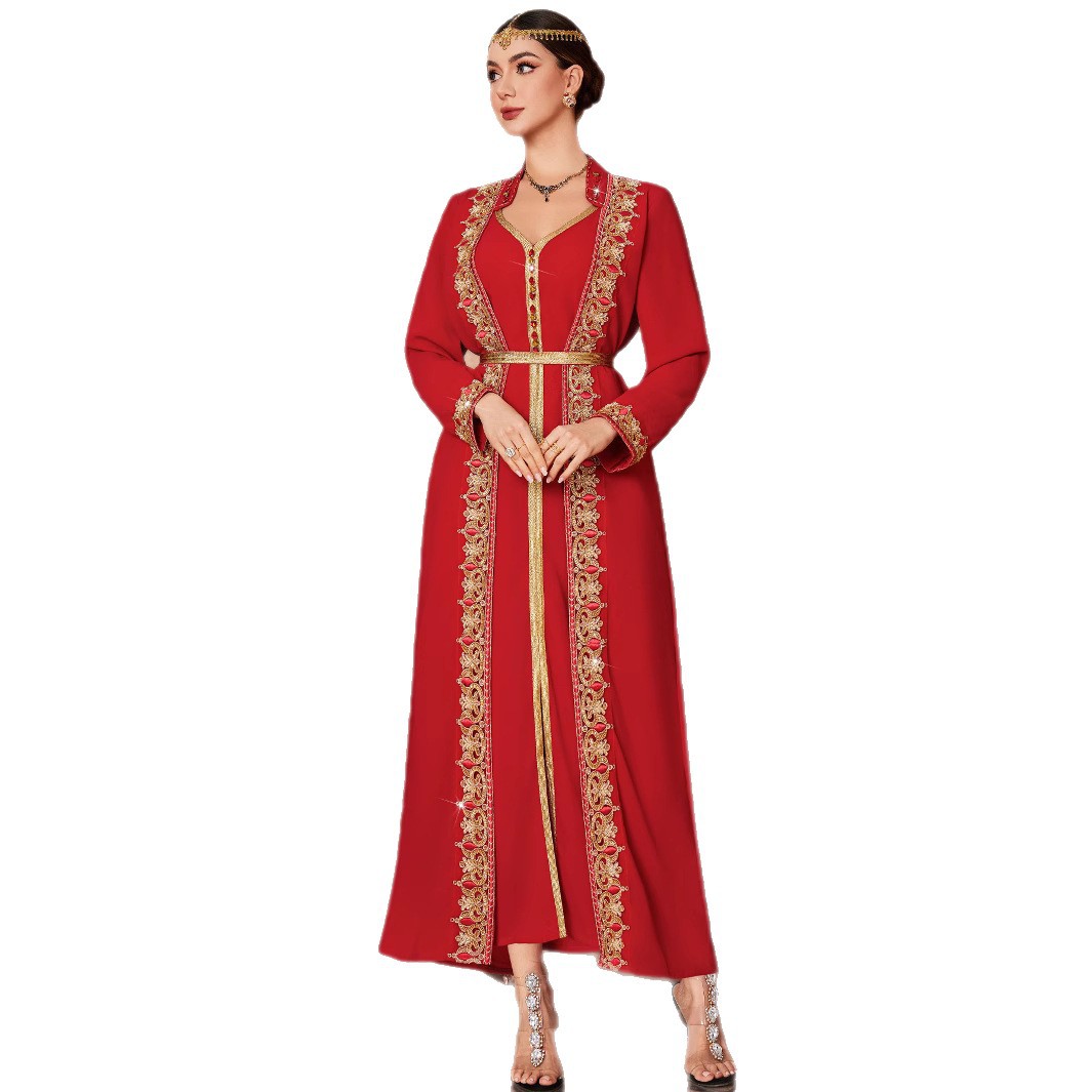 Arab Court Hongjin Embroidered V-neck Fake Two-piece Long Skirt