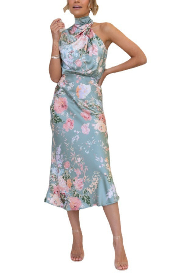 Robe en satin sans manches à taille haute et col licou avec imprimé floral pour femme