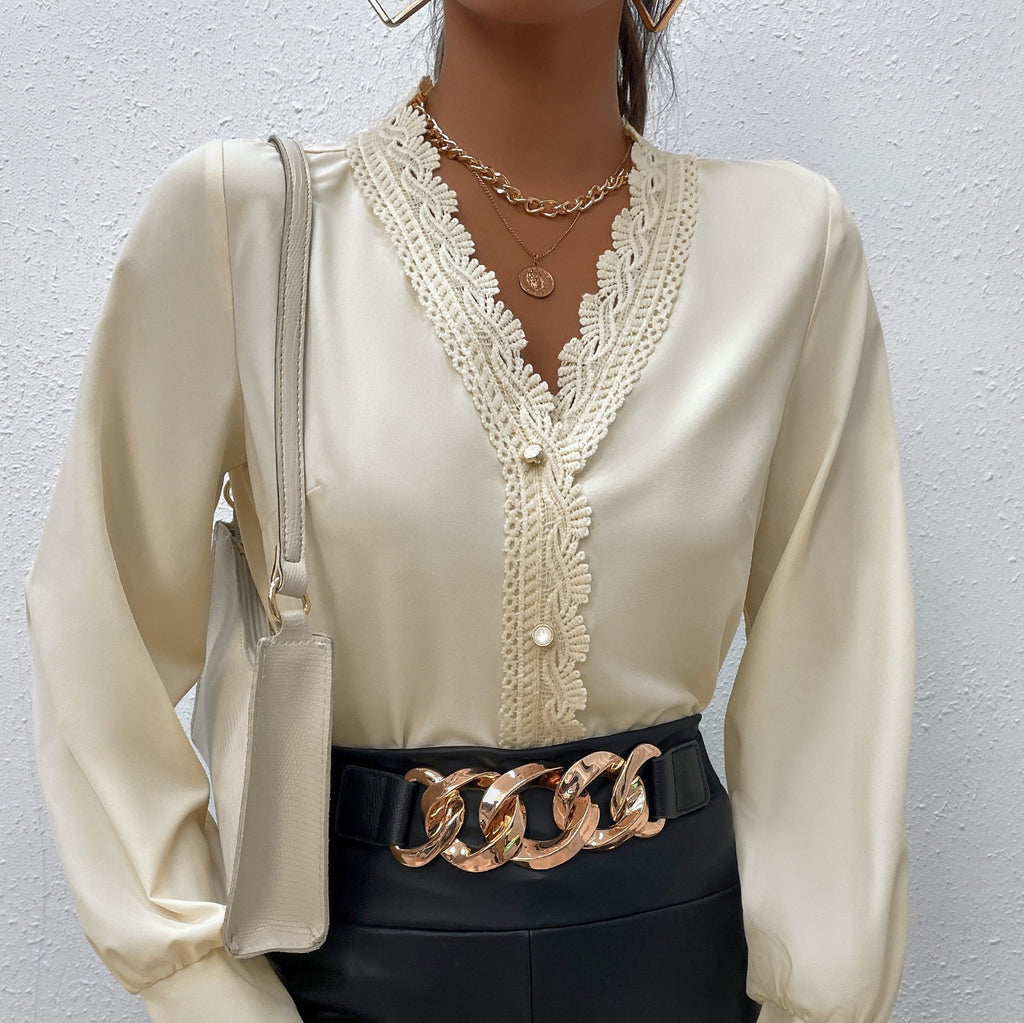 Elegant Apricot Eyelash Lace V-Neck Shirt for Women, Long Sleeve, Polyester, S-XL