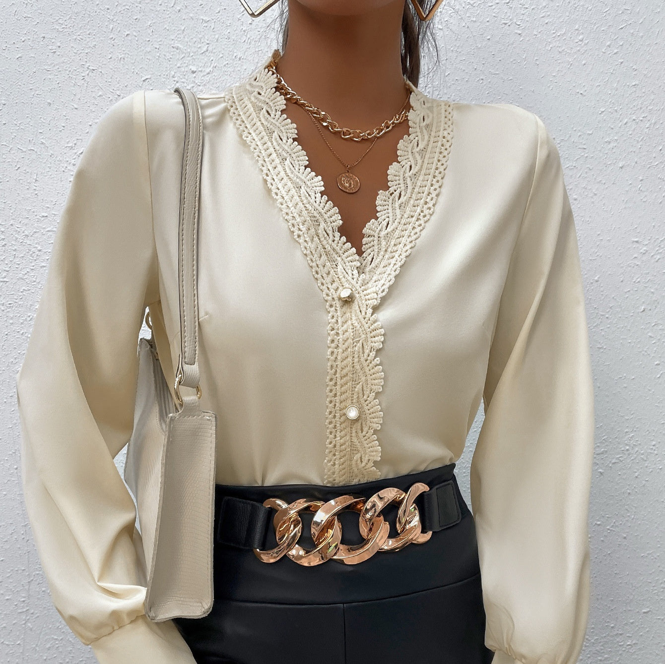 Elegant Apricot Eyelash Lace V-Neck Shirt for Women, Long Sleeve, Polyester, S-XL