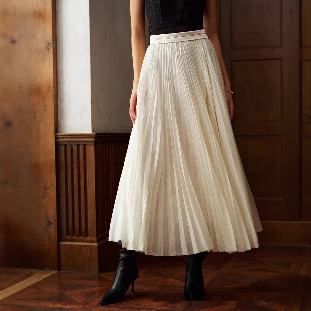 French Style White Pleated High Waist Chiffon Skirt