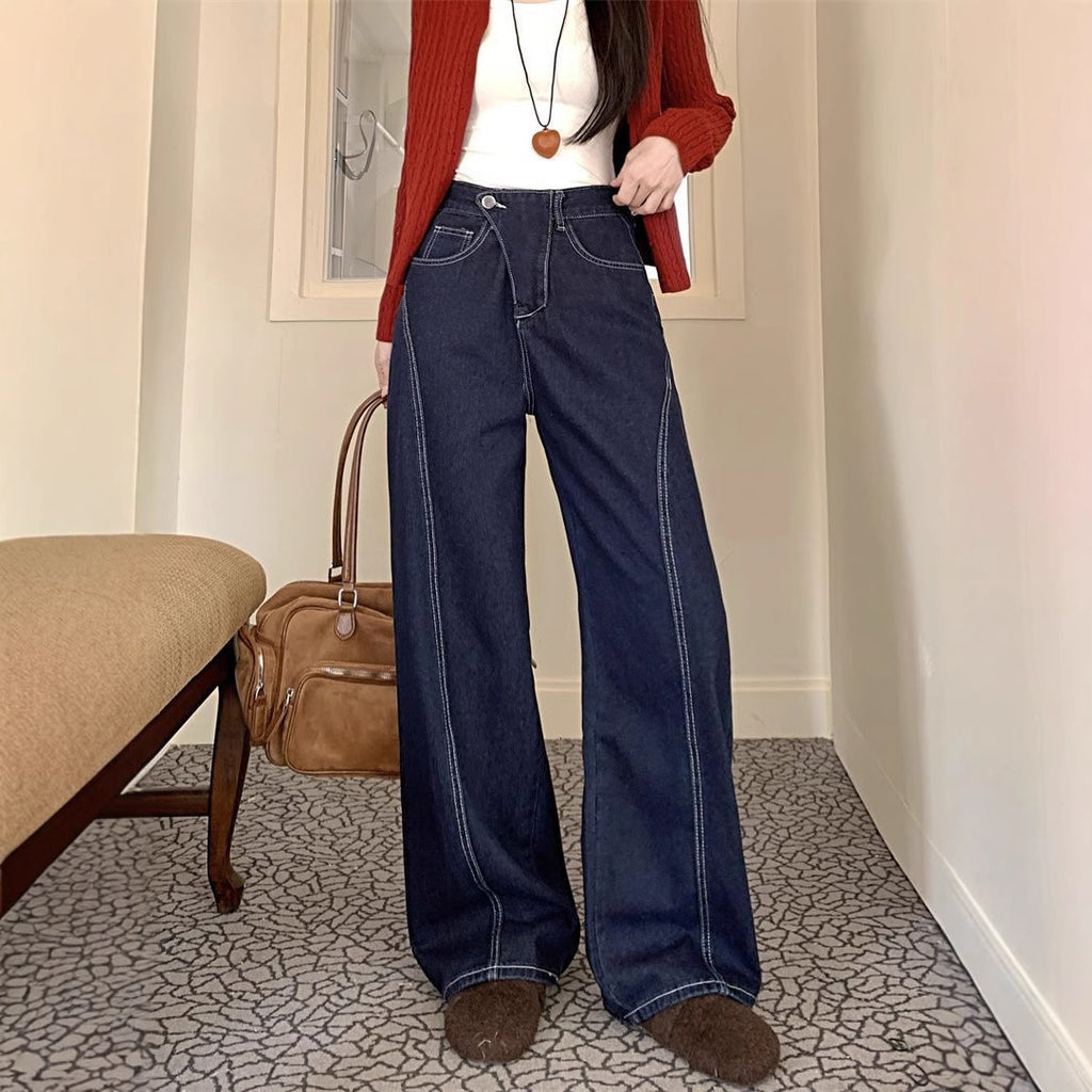 American Retro Dark Blue High Waist Wide Leg Jeans