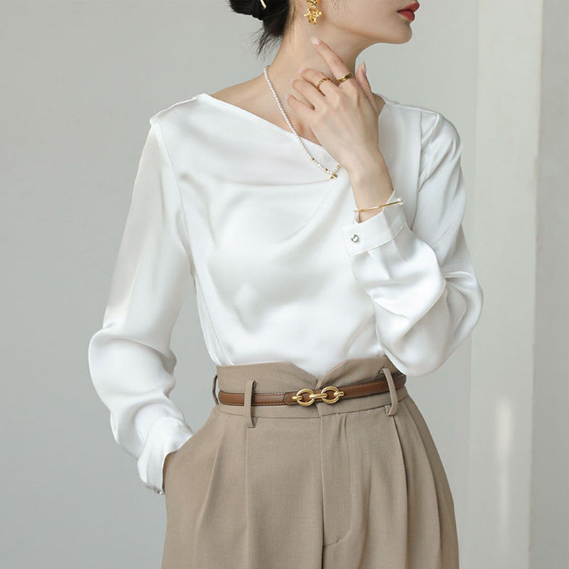 French White Satin Irregular Versatile Shirt Top
