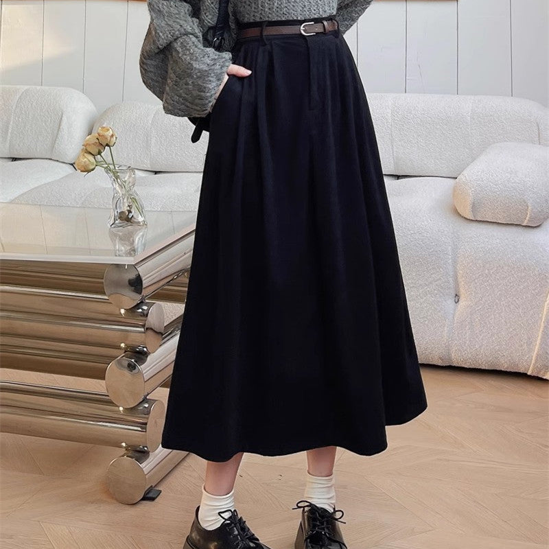 Women's Autumn Winter High Waist Slimming Retro A-Line Skirt with Big Hem