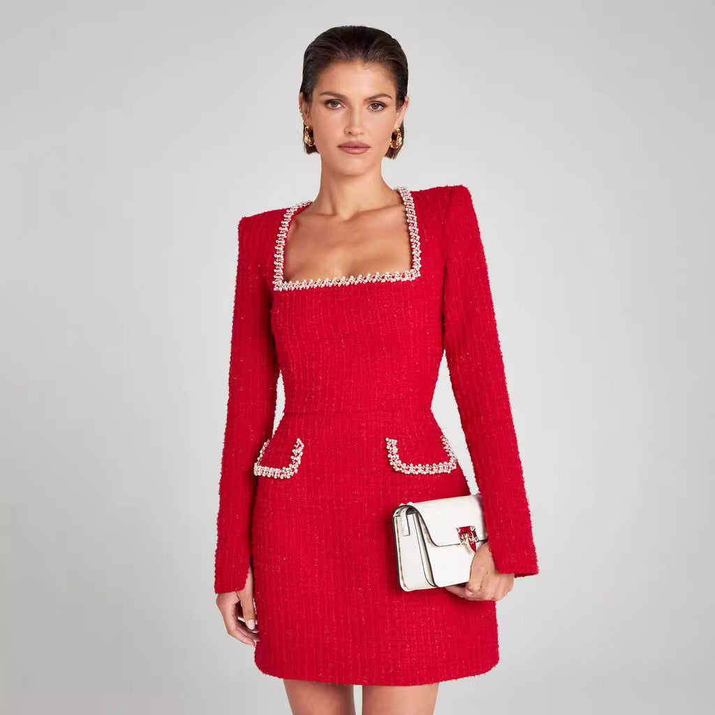 Robe perlée à manches longues et col en U, disponible en blanc, noir et rouge