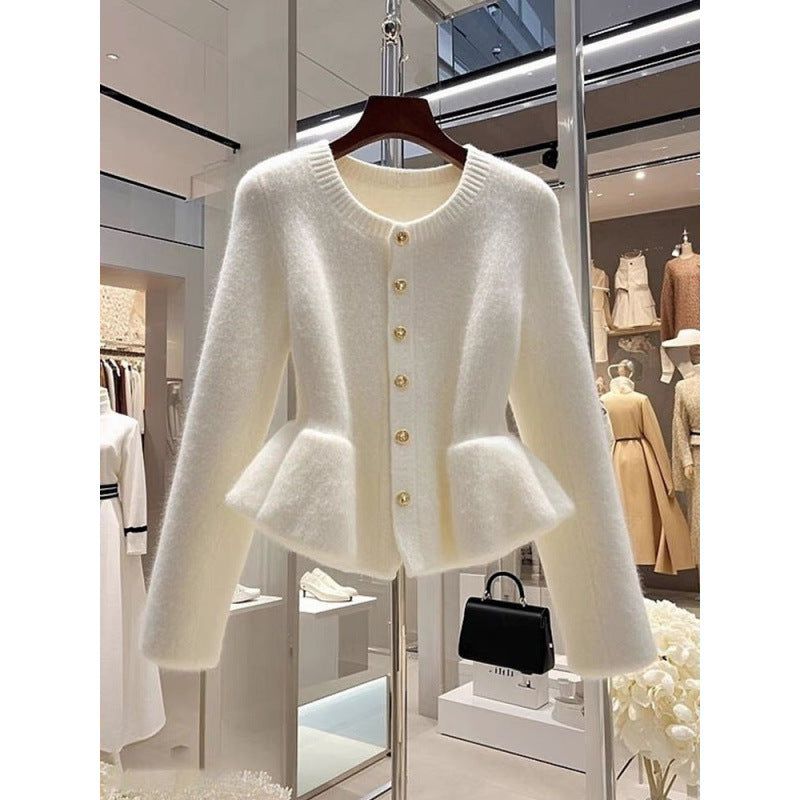 High-Grade White Waist-Tight Sweater Cardigan