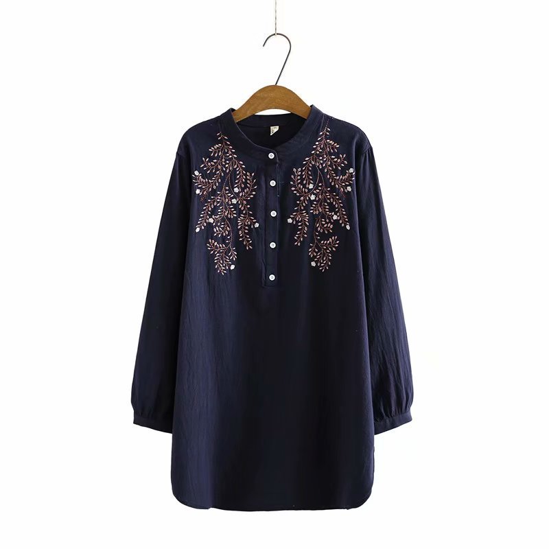 Women's Loose Long-Sleeve Cotton Embroidered Stand-Collar Shirt