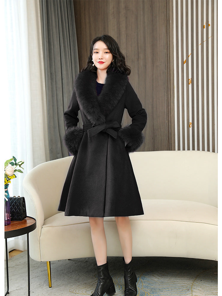 Manteau en laine épais double face pour femmes avec col en fourrure