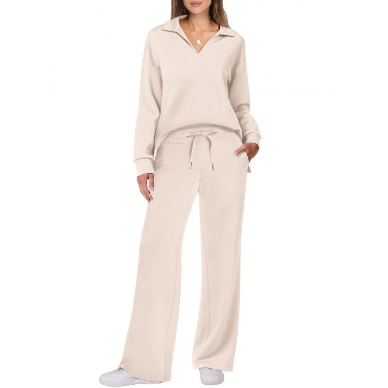 Women's V-Neck Tracksuit Set Long Sleeve Pullover & Drawstring Straight-Leg Trousers Solid Colors